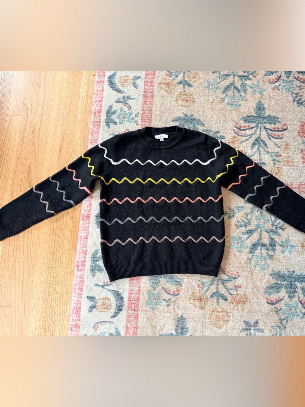 THML Black Crewneck Sweater with Multicolor Zigzag Accents